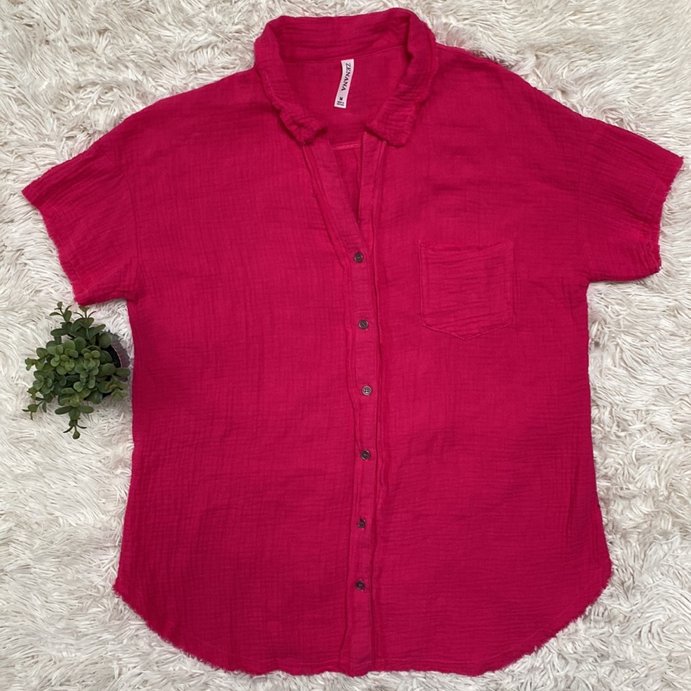 Zenana Button Down Gauze Top 💗 Pink - Picture 3 of 14